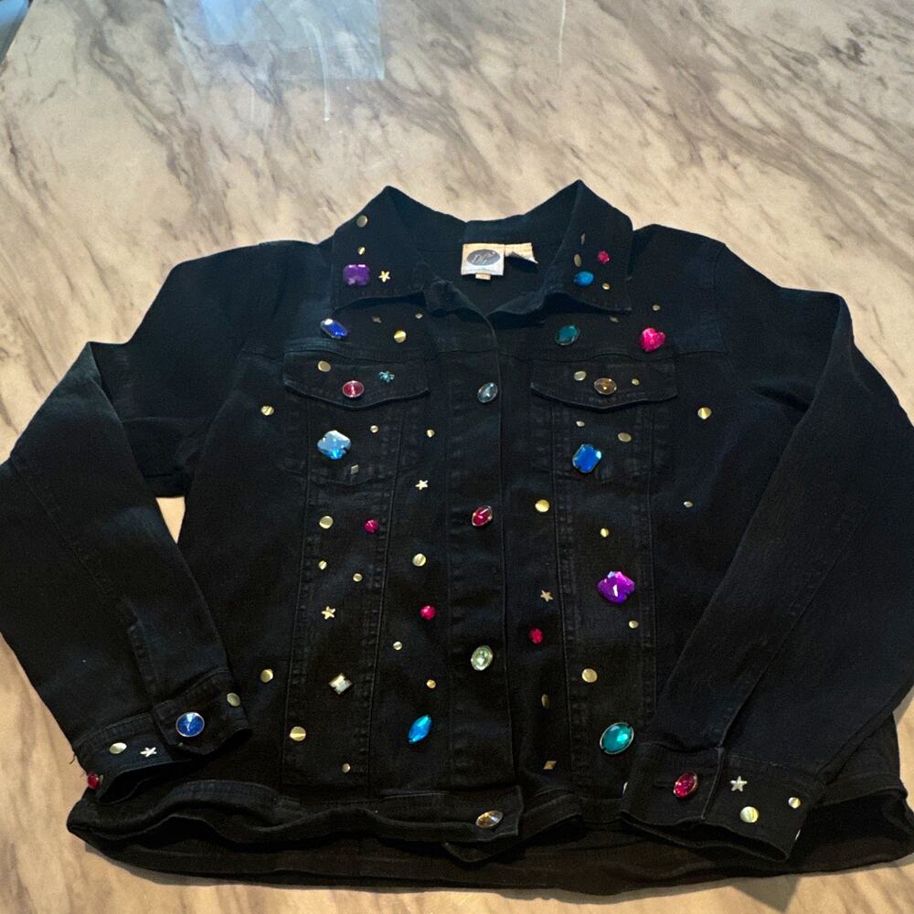 DG2 by Diane Gilman Womens Black Jean Jacket Studded Rhinestone Button L Vintage